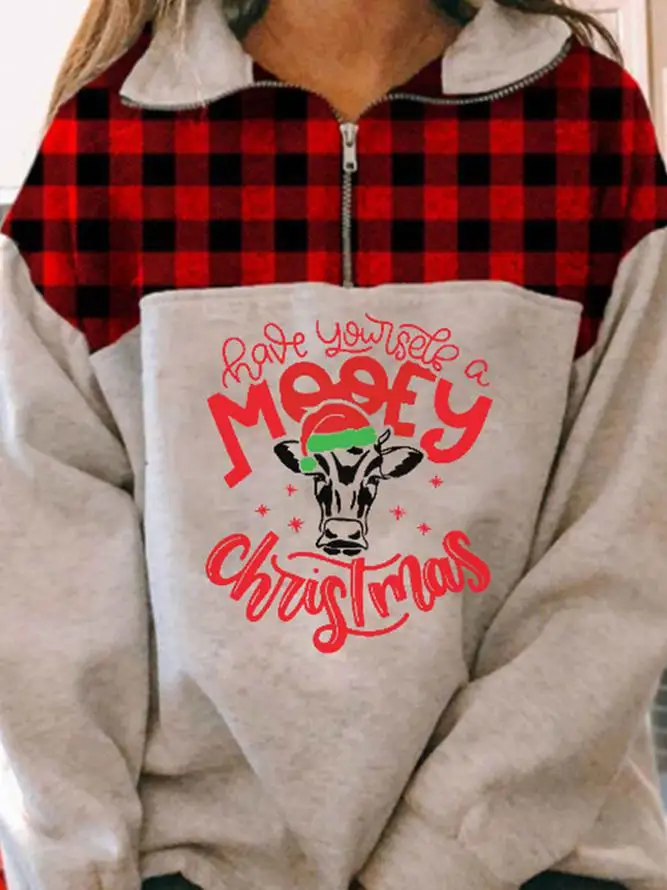 

Female Christmas Elements Long Sleeve Printed Sweater Collar Long Sleeve Zipper Pullover Fall/winter Loose Sweater Sports Fir