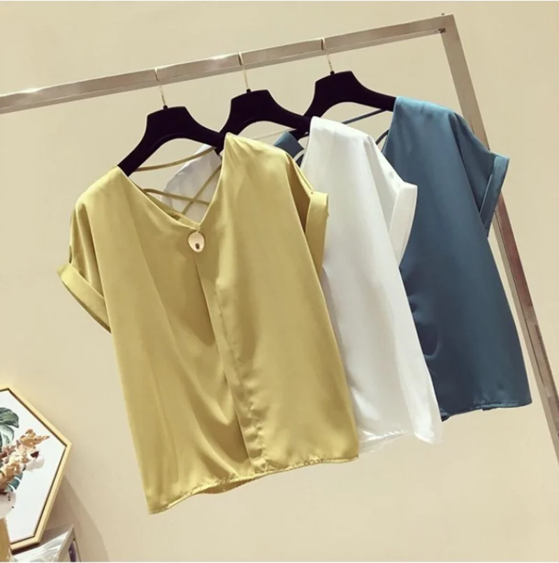 

JINKAZI Korean Fashion Chiffon Blouse loose V-neck open back top 2020 new women's fashion elegant Chiffon Korean Blouse