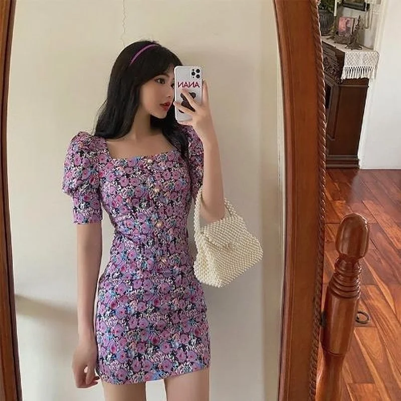 

Dress Women High Waist Mini Floral Hollow Out Summer Vintage Party Casual Puff Sleeve Sexy Chic Street Style Female Clubwear Ins