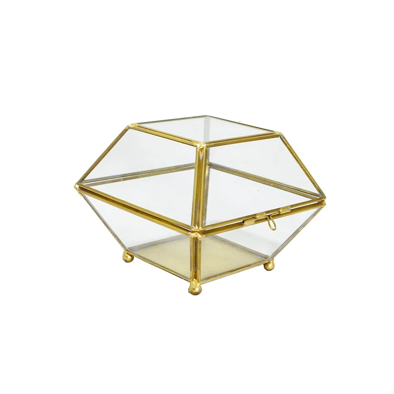 Металлическая стеклянная коробка геометрической формы с крышкой прозрачная для