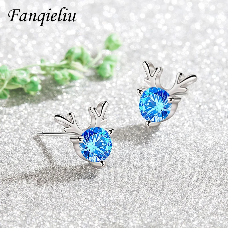 

Fanqieliu Girl's Gift Christmas Creative Vintage Jewelry Crystal Antlers 925 Sterling Silver Stud Earrings For Women FQL21284