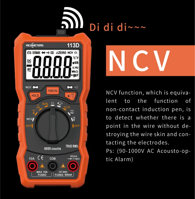 RICHMETERS NCV Цифровой мультиметр 2000 отсчетов HFE AC/DC измеритель напряжения вспышка светильник задний светильник большой экран RM113A мультиметры
