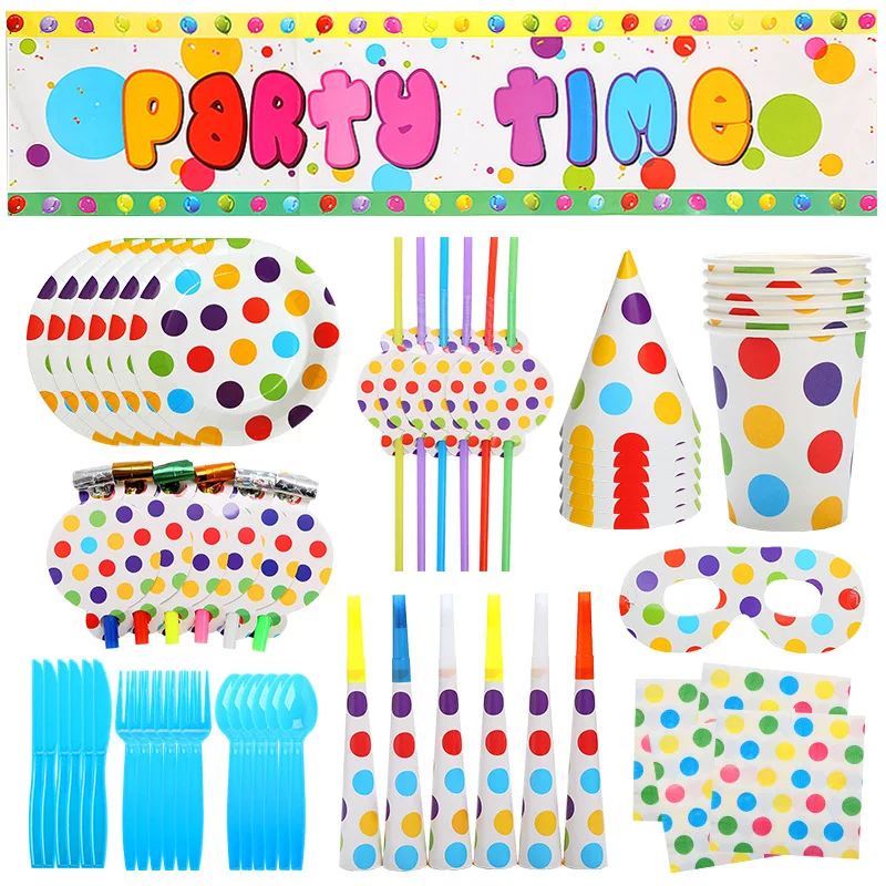 

Color Dots Birthday Party Disposable Tableware Set Colorful Polka Dots Paper Plates Cups Napkins Kids Baby Shower Decor Supplies