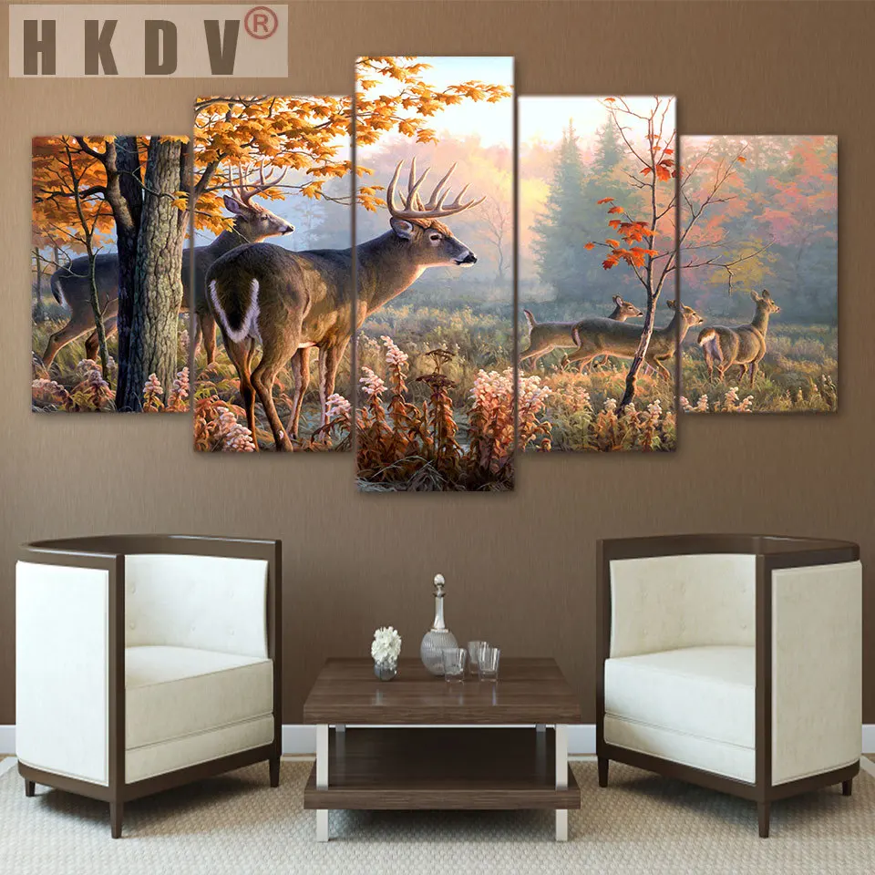 

HKDV 5 панелей леса пейзаж с оленем современного искусства стены HD Печатный холст картины Плакат рамка домашний декор Гостиная фотографии