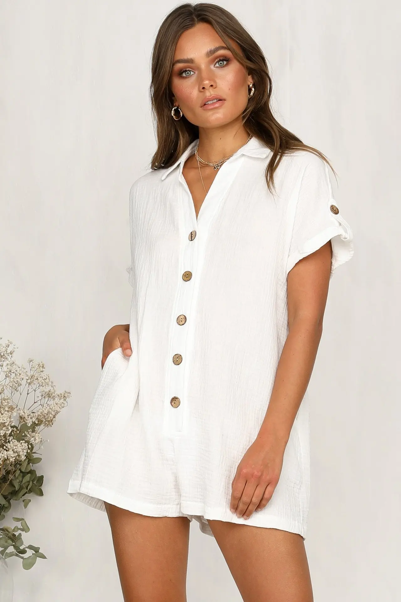 

Linen Summer Women Rompers B Black Jumpsuit Short Sleeve Overalls Turn-Down Collar Jumpsuits Drawstring Ladies Shirts Playsuits