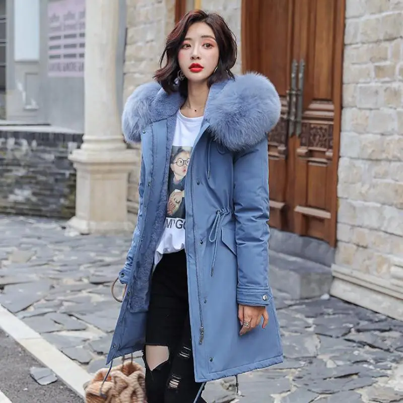 Zuolunouba Winter High Street Women Long Coat Loose Harajuku Slim Female Cotton Top Keep Warm Hooded Thick Clothes Smoky Blue