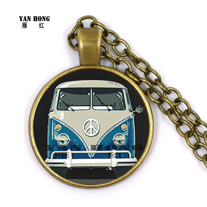 Ян Винтаж синего красного желтого цветов (Hippie Peace фургонов автобусов Фото Кулон