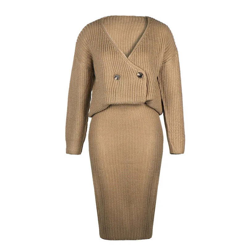 

Sexy V-Neck Women Knitted Skirt Suits Autumn Winter Batwing Sleeve Dresses 2 Pieces Elegant Sweater Dress Robe Femme Hiver 2021