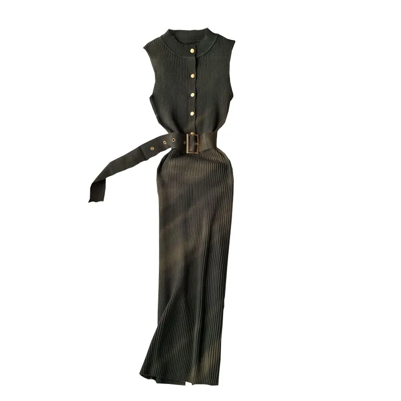 ALPHALMODA 2020 Summer Women Knit Dress Single Breasted Slim Belted Sleeveless Ladies Vintage Solid Knitting | Женская одежда