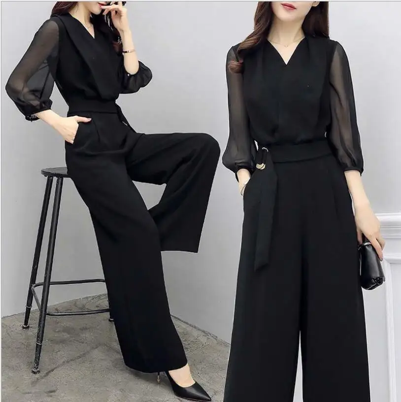 

Free Shipping Spring And Summer New High Waist Women Jumpsuits Black Point Sleeve t Wide Leg Women Jumpsuit