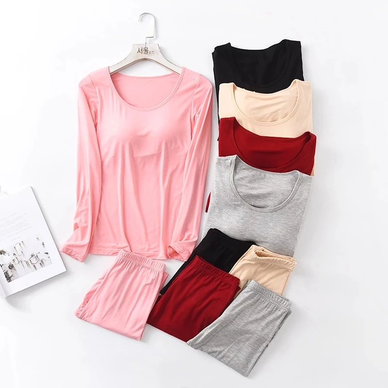 Autumn Winter Modal Pajamas Sets Women Padded Top Long Sleeve O-neck T-Shirt All Match Tee Long Johns Bra-T Homewear