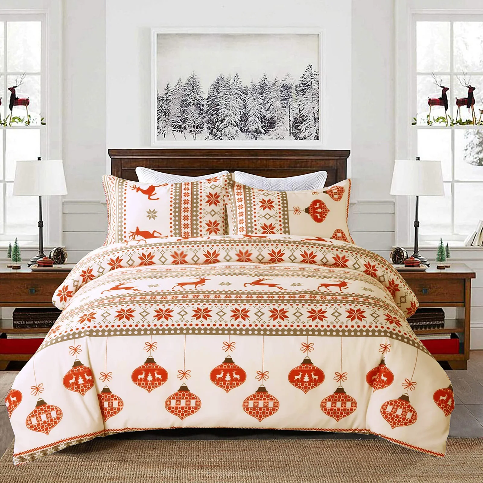 Комплект постельного белья с рождественским оленем снежинкой красным фонариком