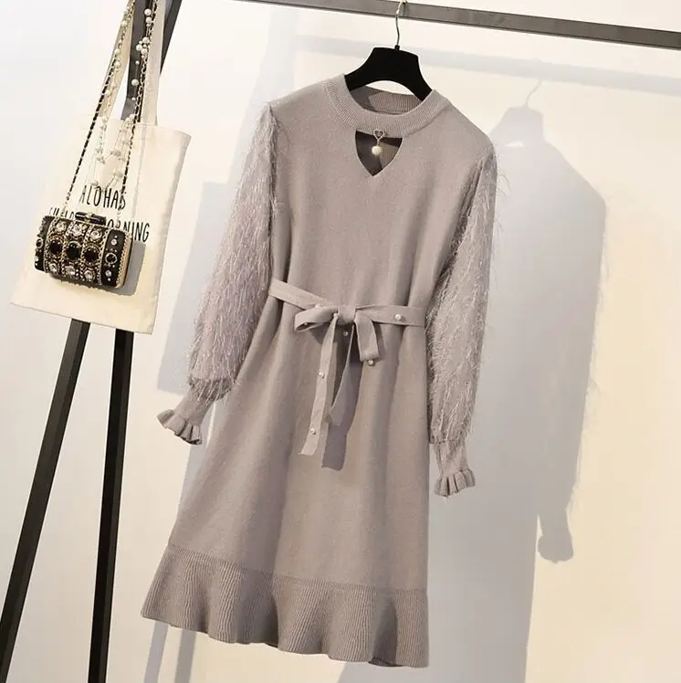 Женское вязаное облегающее платье размера плюс 4XL лоскутное с кисточками длинным