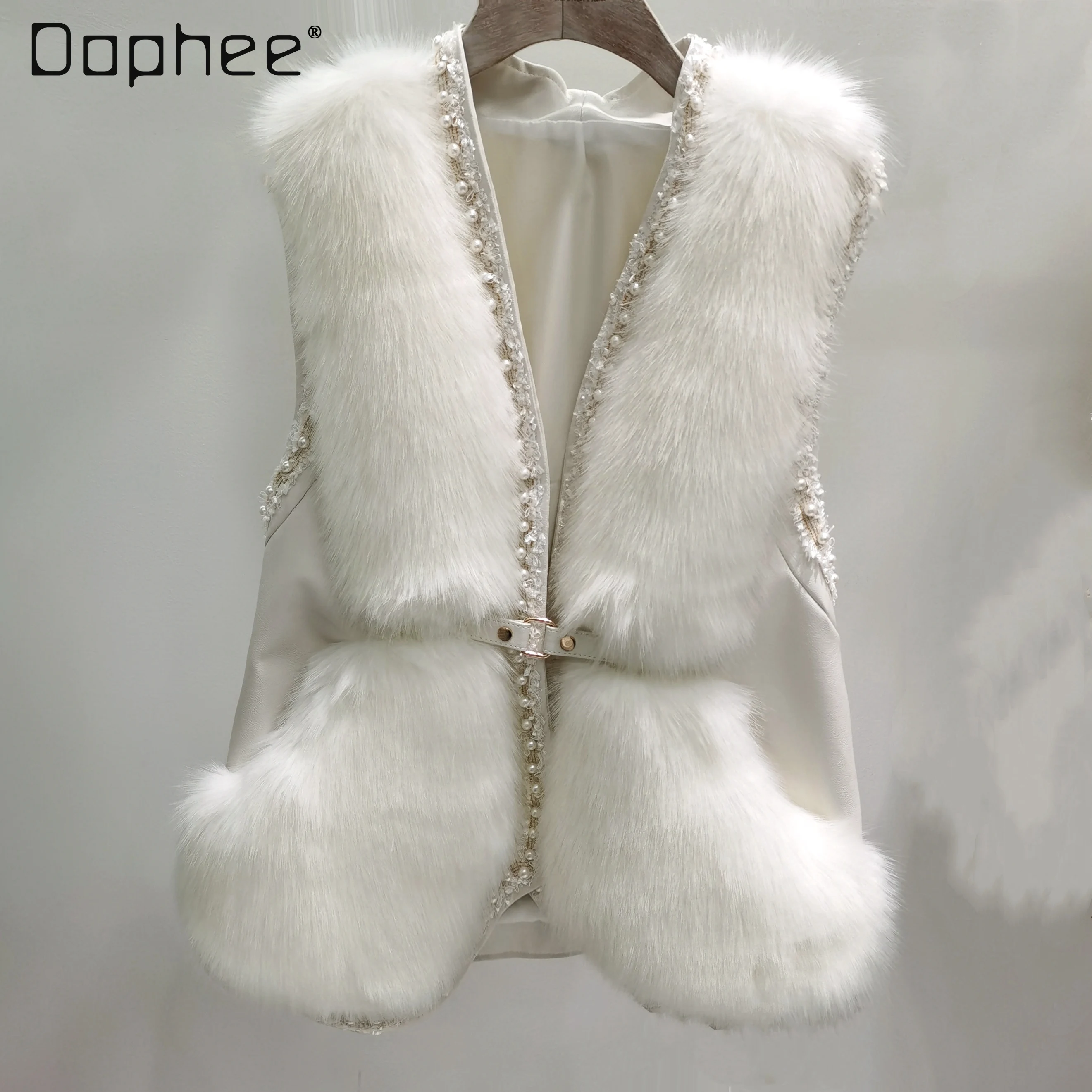 

Sweet Women's Uggs Faux Fox Fur Beaded Sleeveless Short Vest Coats Woman Winter 2021 Elegant Hairy Waistcoat Jackets Elegant