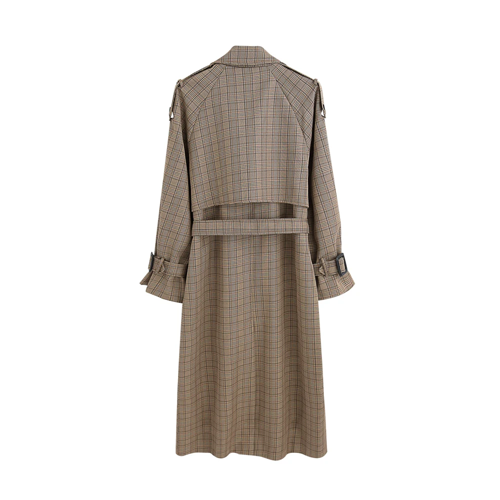 

Korean Style Ladies Trench Coat Plaid Long Double Breasted Belted Oversize Loose Women Duster Coat Outerwear with Storm Flaps
