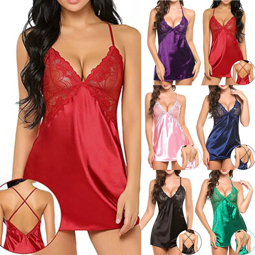

2021 Hot Sexy Women Silky Nightdress Lingerie Nightwear Sleepwear Backless Dress Pajamas Sexy Imitation Ice Silk Night Dress