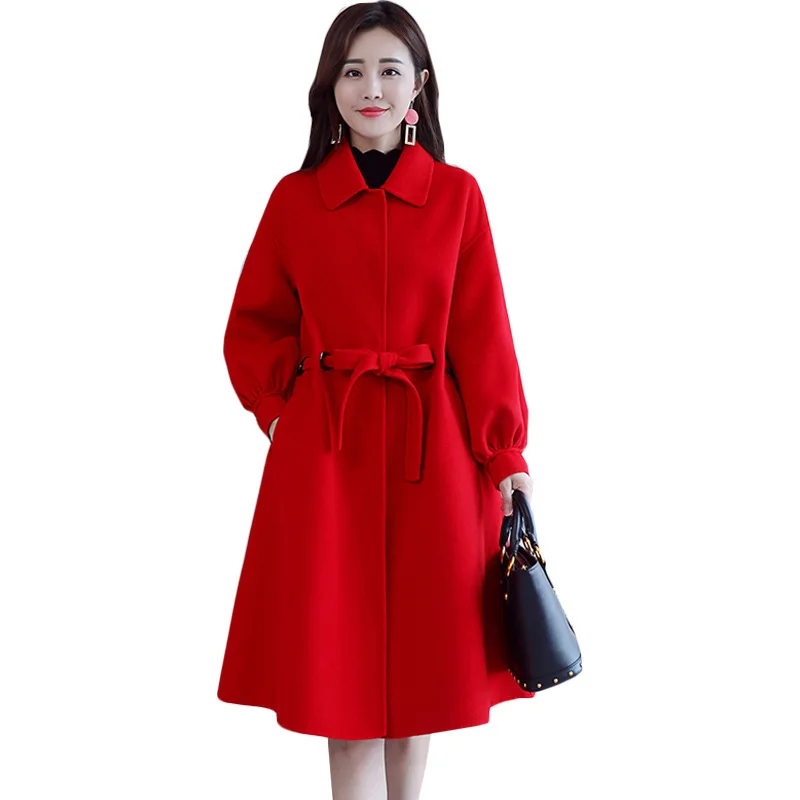 

Big red loose waist thin woolen coat female long section autumn and winter fashion temperament plus cotton thick woolen coat