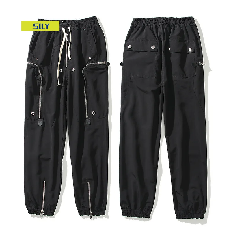 

High Street Dark Function Zipper Pants Ankle-Tied Drawstring Elastic Casual Slim-Fit Trousers