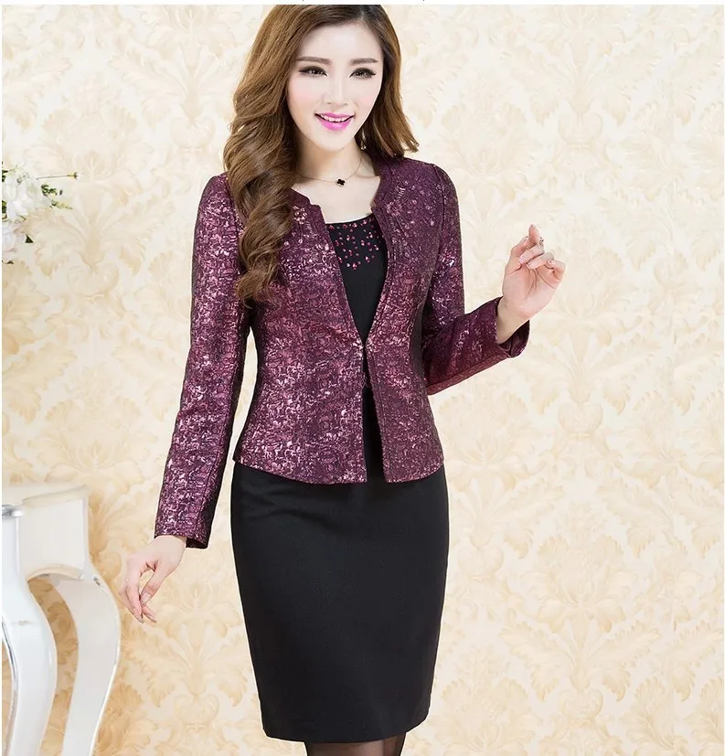 

2020 Autumn Business Elegant Office Lady Work 2 Pieces Long Sleeve Blazer and Sleeveless Formal Dress Suit Set