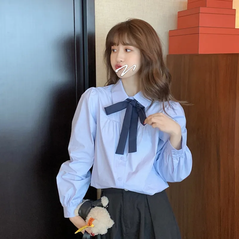 

Tie Bow Blue Shirt Women Turn-down Collar Long Sleeve Office OL Shirts 2021 Spring Autumn Ladies Single Breasted Blouse Mujer