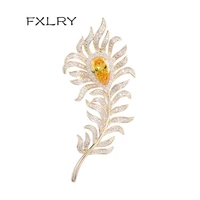 fxlry luxurious feather yellow zircon brooch elegant large pin for women suit accessories corsage jewelry