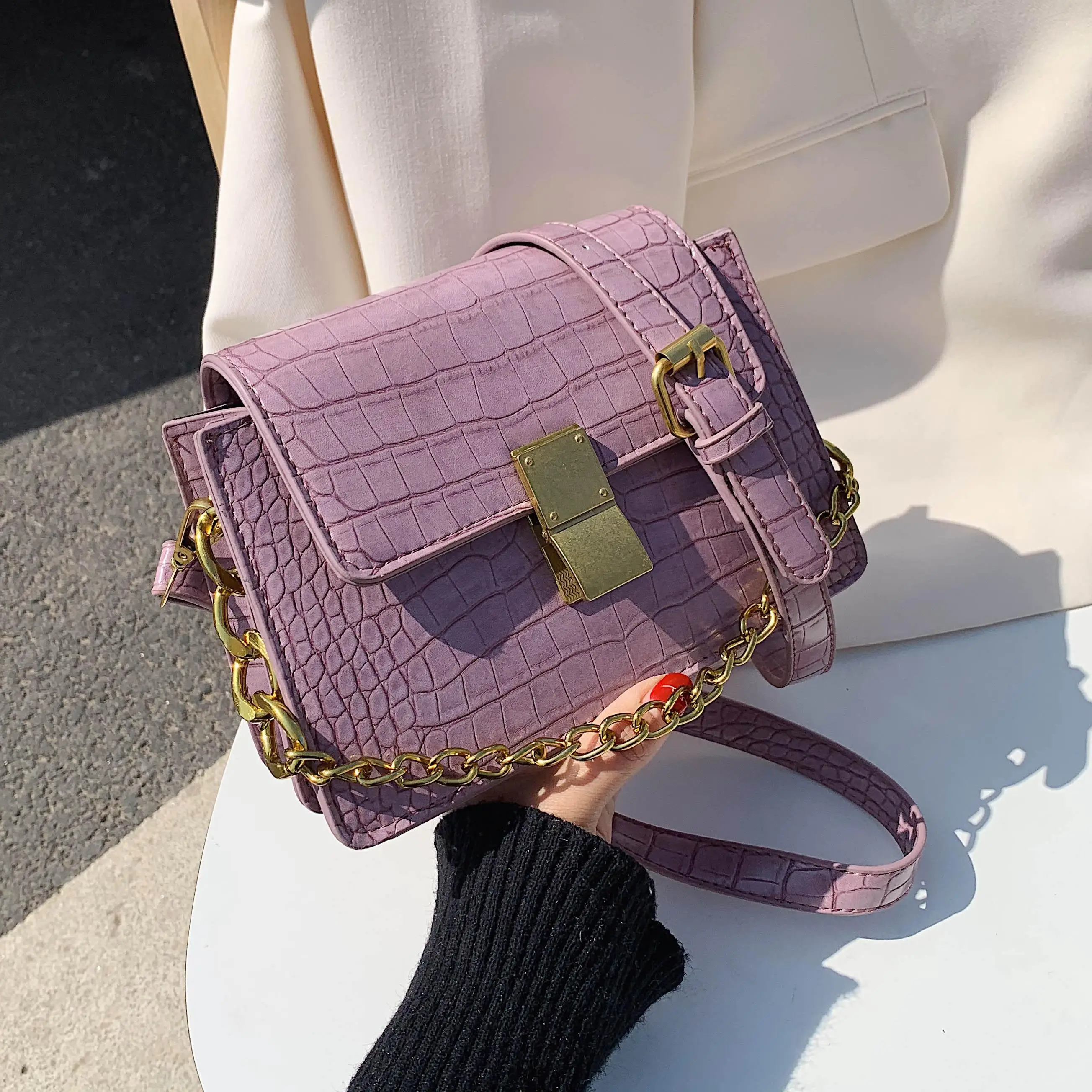 

Crocodile Pattern Purple Pu Leather Crossbody Bags For Women 2020 Summer Chain Small Shoulder Handbags Female Quality Totes