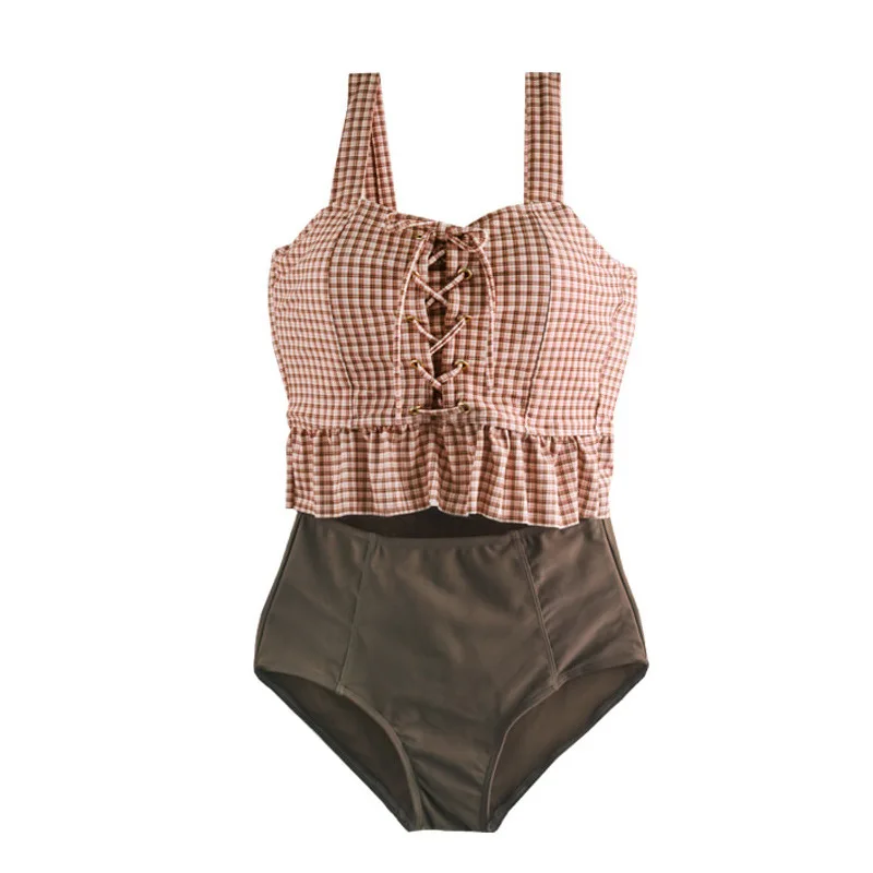 

Plus Size Swimwear Bathing Suit Bikini 2021 Women Swimsuit Push Up New Retro High Waist Sexy Bandage Split Print Polyester