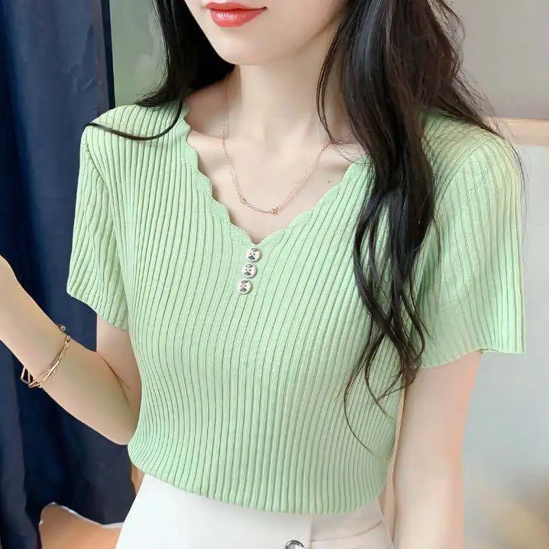

Spring Women 's New Loose Korean Version of Knitwear Bottom Shirt Solid Color Bag Core Yarn Long-Sleeved Top