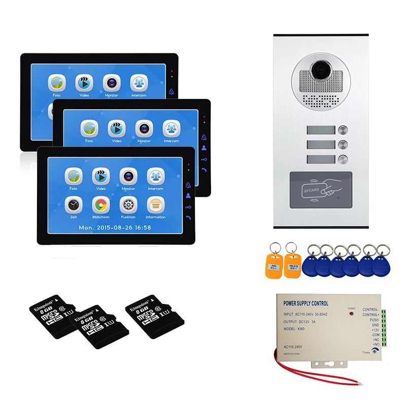 9 'Multi Apartments Families Record FunctionColor Video Device Door Intercom System With 4 Monitor Building Doorphone Waterproof
