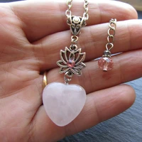 serenity pink quartz heart shape pendant lotus flower necklace natural stone charm birthday valentine gift jewelry