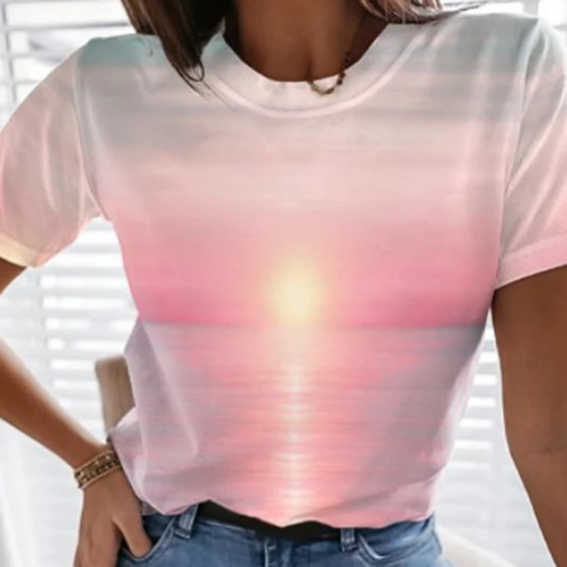

Creative Women T Shirt New Summer Tops Tees Ocean Landscape Print O-Neck Harajuku T-shirt Streetwear Female Vintage Tops