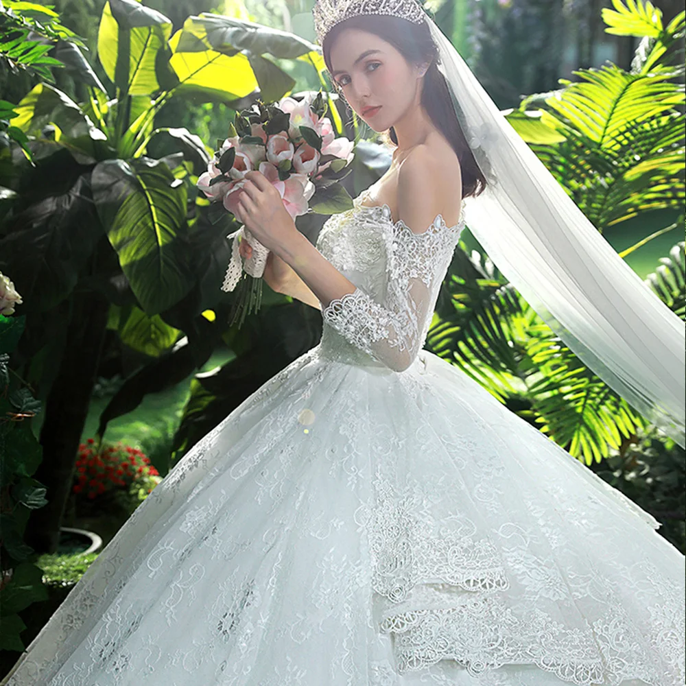 Свадебное платье принцессы с изображением вуали Brautkleid вырез лодочкой три четверти рукав Кружевная аппликация украшенная бисером белые платья невесты