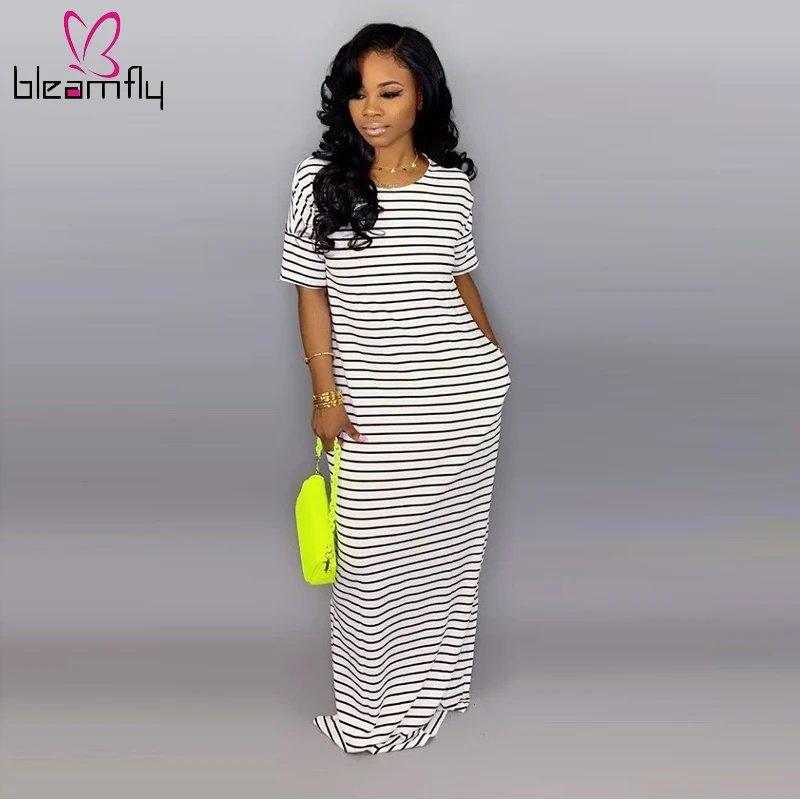Новинка 2019 женское летнее приталенное платье макси с круглым вырезом в полоску