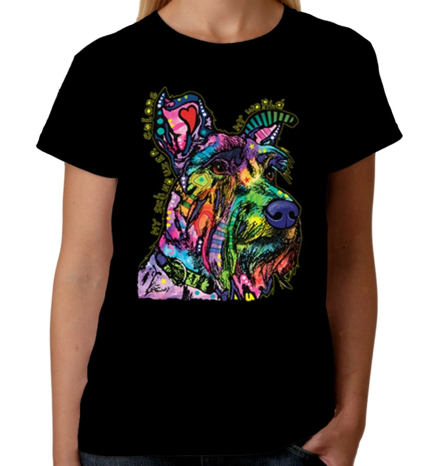 

Velocitee Ladies T-Shirt Psychedelic Schnauzer Cute Colourful Dog A21158