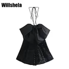 Willshela женский модный контрастный комбинезон с блестками и бантом, с вырезом на шее, шикарный женский короткий цельный комбинезон, топ для выпускного вечера