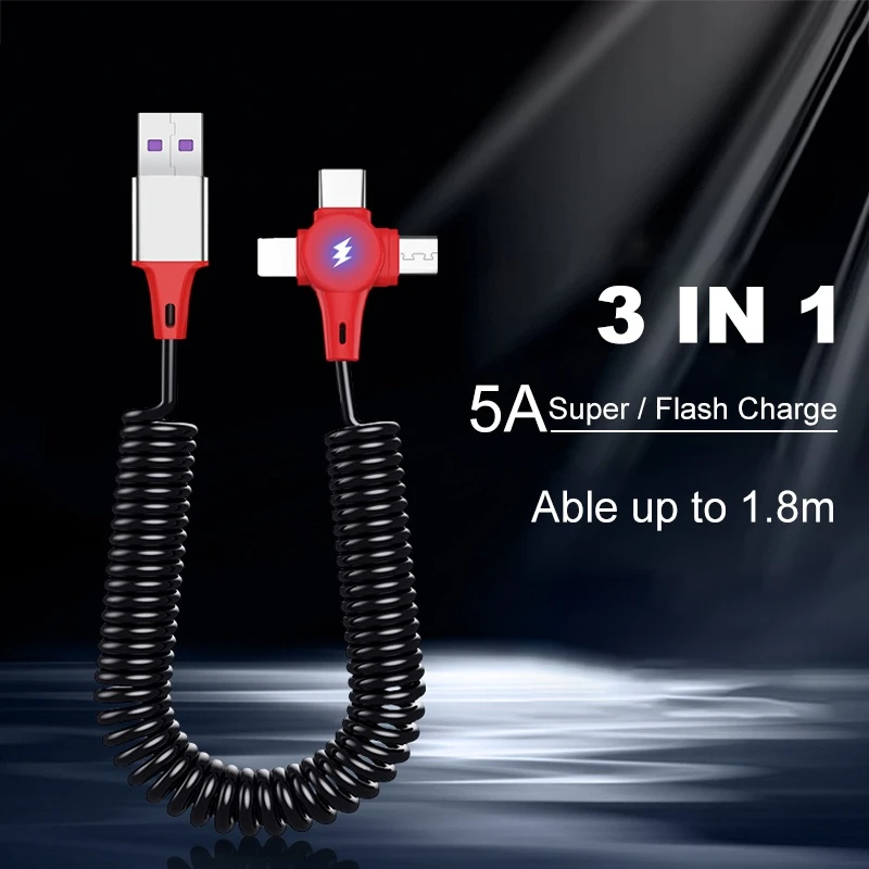 

Nohon пружинный 5A USB C кабель 3 в 1 USB кабель для передачи данных Быстрая зарядка для Xiaomi Huawei iPhone 2 в 1 Тип C Micro USB зарядный шнур