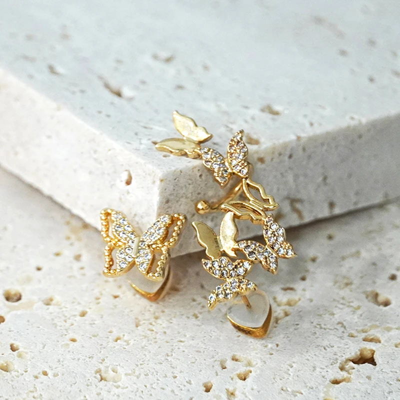 

New Trendy 14K Real Gold Plated Butterfly Clip Earrings for Women Asymmetry Jewelry AAA Zircon S925 Silver Needle Party Gift
