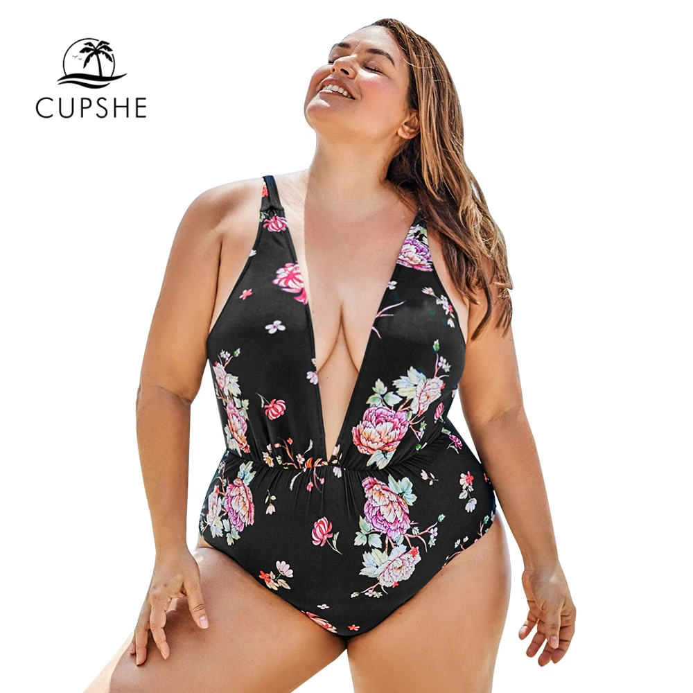 CUPSHE размера плюс погружающийся цветочный Цельный купальник большой сексуальный