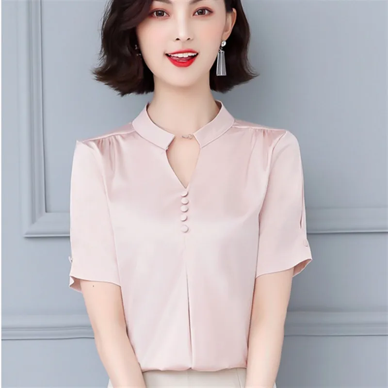 Женская шифоновая блузка с V-образным вырезом и коротким рукавом |