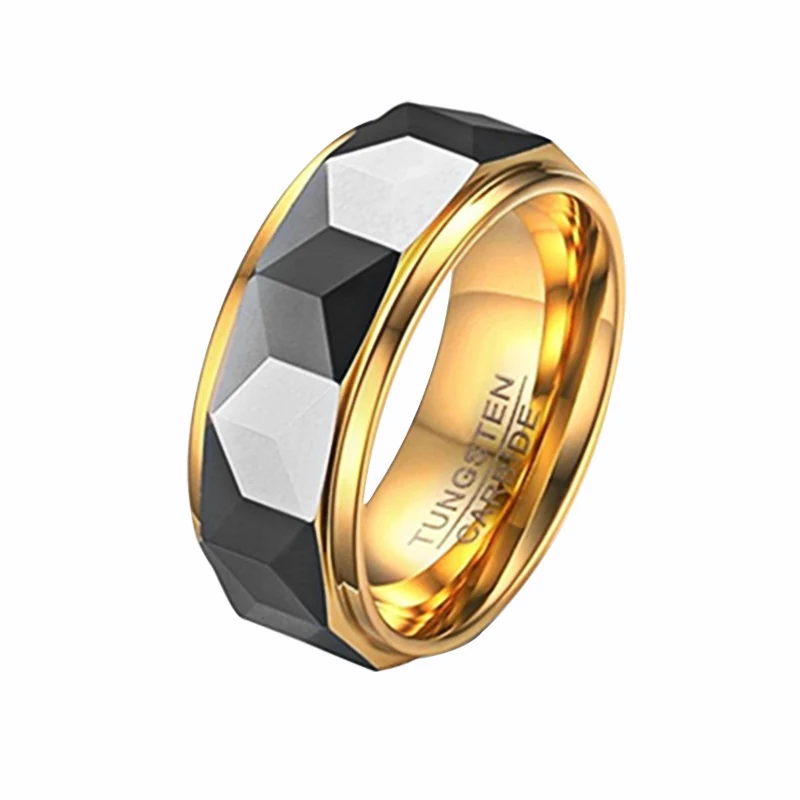 

Luxury Tungsten Gold Steel Men Ring Rhombus Polygon Carbide Lovers Party Wedding Charm Fashion Cool Male Jewelry 8mm Width