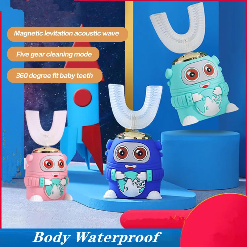 

Детская электрическая зубная щетка U-образной формы, мультяшная ультразвуковая Автоматическая заряжаемая силиконовая, портативная, для уб...