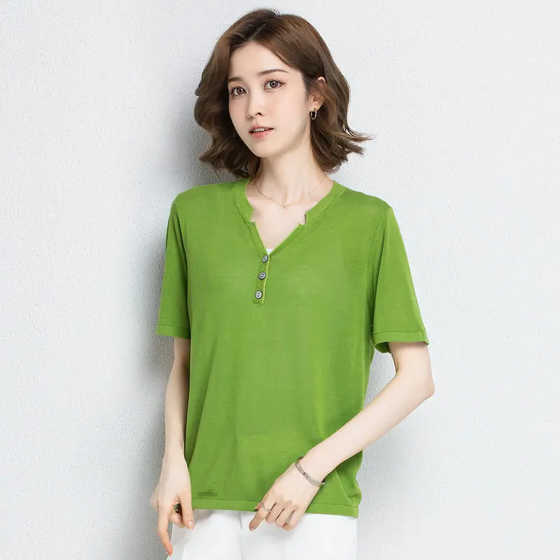 

Summer Women Green Khaki White Blouses Plain Colour Neckline Heart Three Button Front Short Sleeve Thin Transparent Fabric Top