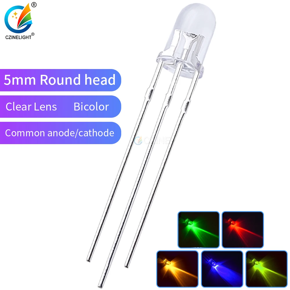 1000pcs/Bag Czinelight Factory Price Dip F5 Clear Lens 3pin 5mm Red Plus Green Blue Yellow Green Bicolor Led Emitting Diode