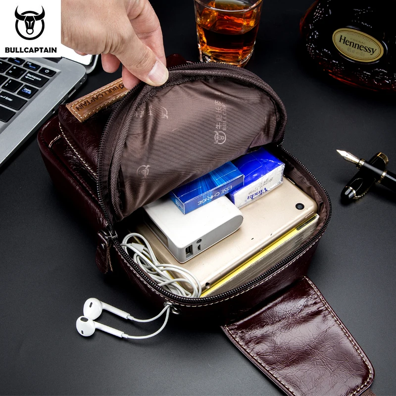 BULLCAPTAIN men's first layer cowhide chest bag leather casual messenger shoulder sports fashion personality men's chest bag