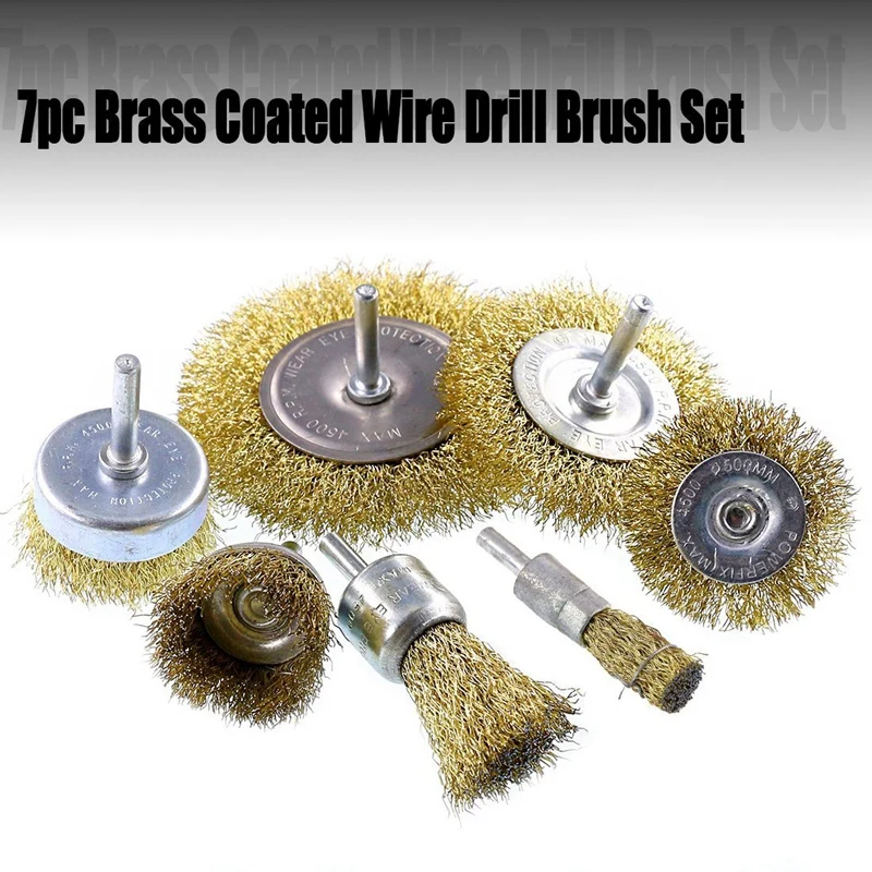

New 7Pcs Brass Coated Wire Brush Wheel&Cup Brush Set with 1/4-Inch Shank,7 Sizes Coated Wire Drill Brush Set Perfect for Removal