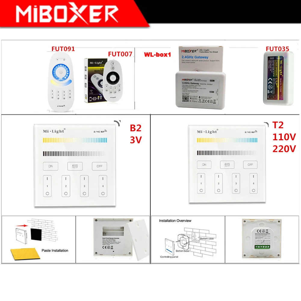 

MiBOXER FUT035/WL-Box1/B2/T2 светодиодная полоса освесветильник диммер 4-Zone яркость смарт-панель WiFi iBox смарт-контроллер