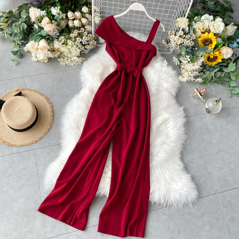 wine red Модный сексуальный летний бандажный комбинезон на одно плечо с оборками, повседневный женский пляжный комбинезон на бретельках - Цвет: wine red