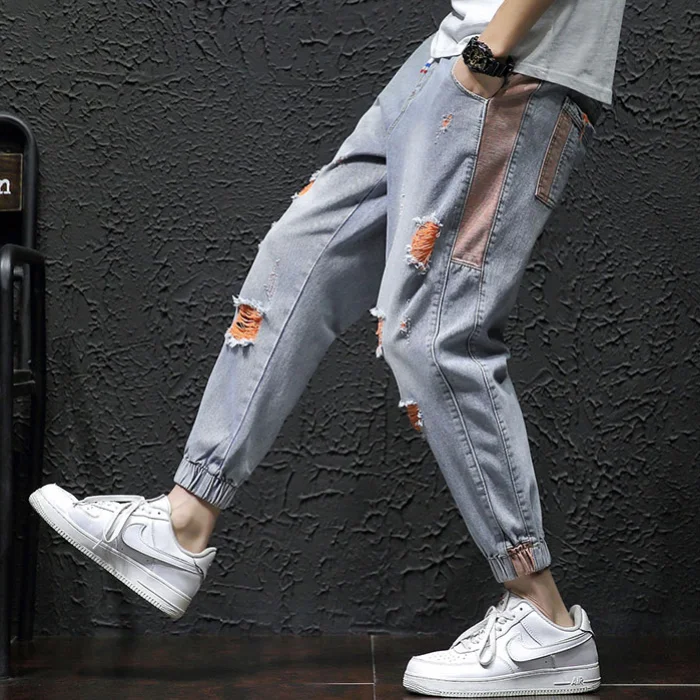 

Torn Jeans Men Summer Thin Nine Point Loose Hip-Hop Beggar Harlan Bundling Overalls Size popular logo