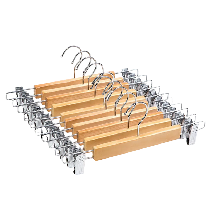 

Wooden Skirt Hangers with Adjustable Clips (Pack of 5) Non-Slip Trouser Hanger Natural Finish Lotus Wood Pants hangers 360 Deg