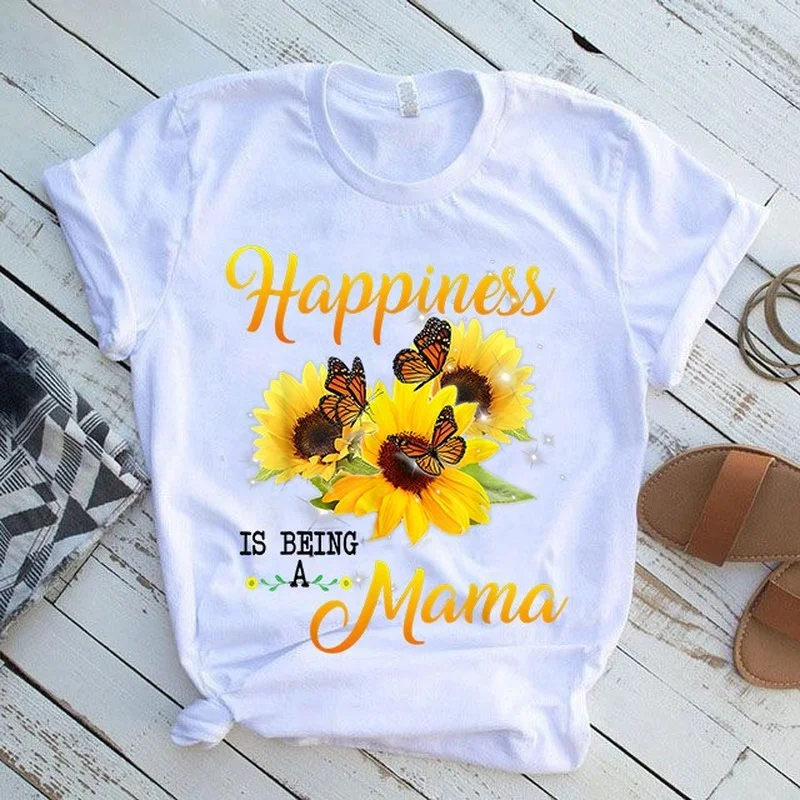 

Happiness MAMA Sunflower Print Women T Shirt Short Sleeve O Neck Loose Women Tshirt Ladies Tee Shirt Tops Camisetas Mujer